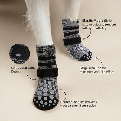 PUPTECK Anti-Slip Dog Socks with Double Sides for Small Medium Large Dogs Hardwood Floors Prevents Licking, Dog Shoes for Hot Pavement Traction Control Paw Protector for Senior Dogs, Striped Black XL