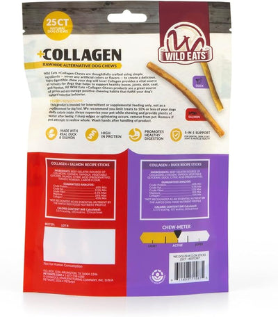 Wild Eats Duck and Salmon Collagen Sticks for Dogs (25 Pack) Long Lasting Dog Chews, No Hide Dog Treat Bully Stick Alternative, Rawhide Free, Grain Free, High Protein
