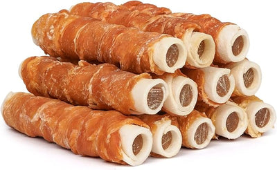 MON2SUN Dog Treats 5 Inch Chicken Wrapped Stuffed Rawhide Rolls with Beef and Chicken Liver, Rawhide Chews for Medium Dogs, 21.2 oz (12 Count)