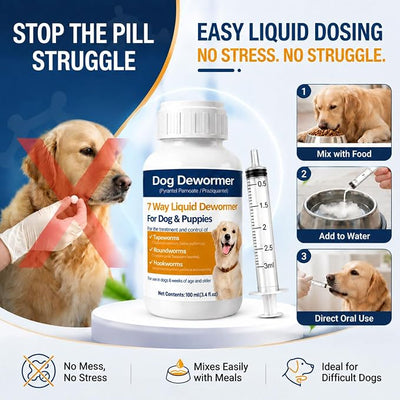 Dewormer for Dogs, 7-Way Dog Wormer Liquid with Pyrantel Pamoate & Praziquantel, Broad Spectrum Worm Support for Tapeworms, Roundworms & Hookworms, 100ml