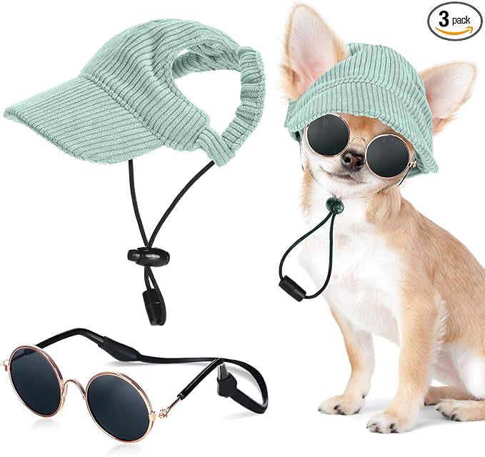 Jadive X-Small Dog Sun Hat with Ear Holes, Dog Cat Sunglasses with Anti-Slip Silicone Rope Baseball Cap Adjustable Puppy Sunbonnet Headdress Beach Visor Hat for Puppies Summer Outdoor(Green)