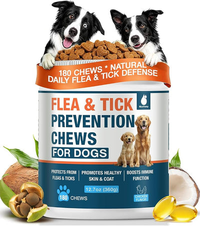 Natural Flea and Tick Prevention for Dogs Chewables, 180 Soft Chews Dog Flea and Tick Treatment, Oral Flea Chews for Dogs, Skin & Coat Support Supplement