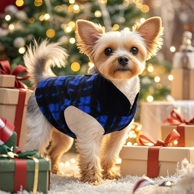 Rbenxia 1 PC Plaid Dog Sweaters with Leash Ring Soft Fleece Vest Dogs Pullover Warm Jacket Pet Dogs Clothes Winter Dog Outfits for Small Puppy Cat Pets (Blue and Black, Small)
