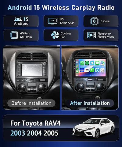 8Core4+64G Car Stereo for Toyota RAV4 2003-2005 Wireless CarPlay/Android Auto Android Radio with Qualcomm 9" IPS Touch Screen,BT5.1,DSP Hi-Res,GPS,SWC,Backup Camera for Toyota RAV4 Radio