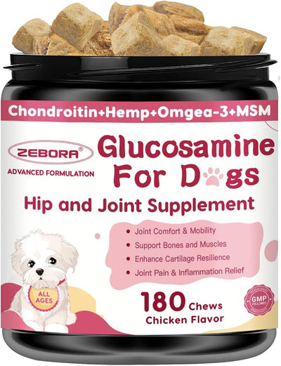 Hip & Joint Supplement for Dogs, Glucosamine for Dogs with MSM, Chondroitin, Omega-3, Turmeric, Calcium - Dog Joint Supplement for Dog Joint Pain Relief & Bone Health Support, 180 Freeze-Dried Chews