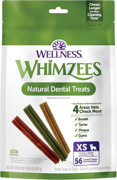Wellness WHIMZEES Stix Natural Dog Dental Treat, Chews, Freshens Breath, Extra-Small Size, 14.81 oz Bag, 56 Count