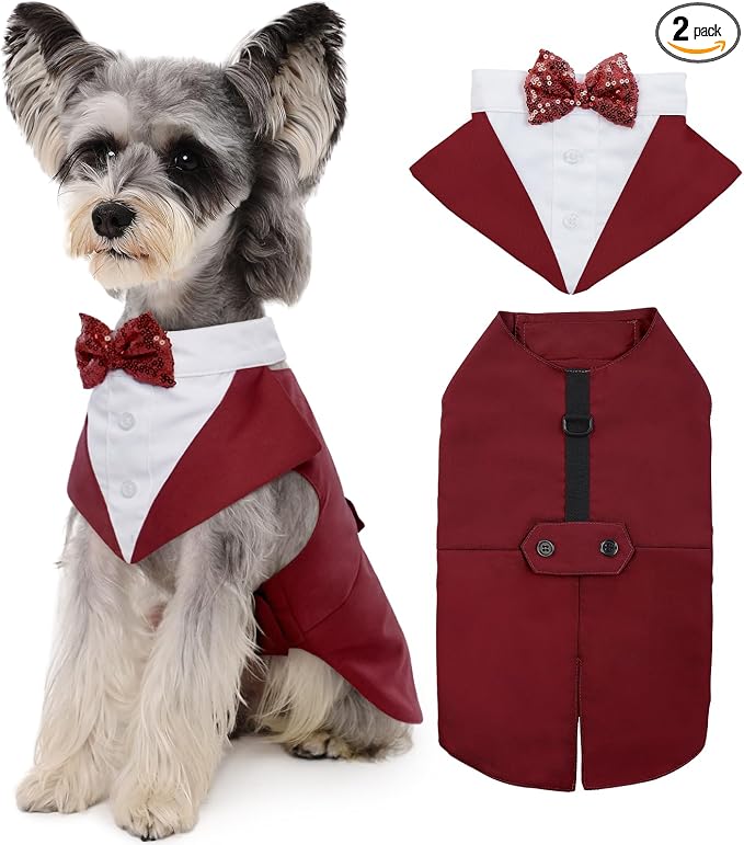 Kuoser Dog Tuxedo Dog Suit and Bandana Set, Dogs Tuxedo Wedding Party Suit, Doggy Prince Bow Tie Shirt Formal Pet Wedding Attire for Large Medium and Small Dogs Golden Retriever Samo Bulldogs