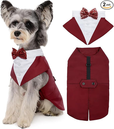 Kuoser Dog Tuxedo Dog Suit and Bandana Set, Dogs Tuxedo Wedding Party Suit, Doggy Prince Bow Tie Shirt Formal Pet Wedding Attire for Large Medium and Small Dogs Golden Retriever Samo Bulldogs