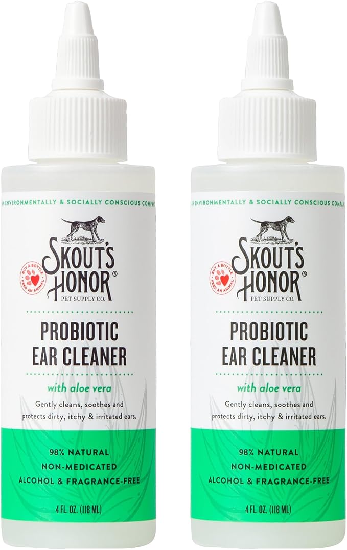 SKOUT'S HONOR Probiotic Dog Ear Cleaner Solution with Aloe Vera - Alcohol-Free, Fragrance-Free, Non-Medicated Ear Wash for Dogs - Microbione Friendly Certified, 4 oz., 2-Pack