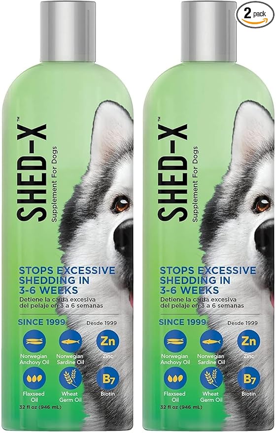 Shed-X Liquid Dog Supplement,32oz – 100% Natural – Helps Dog Shedding,Fish Oil for Dogs Supports Skin & Coat,Dog-Oil for Food with Essential Fatty Acids,Vitamins,and Minerals,(Pack of 2)