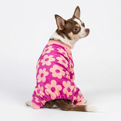 Fitwarm Flower Fleece Dog Pajamas, Warm Winter Dog Clothes for Small Dogs Girl, Cozy Pet Onesie with Feet, Pink, Small