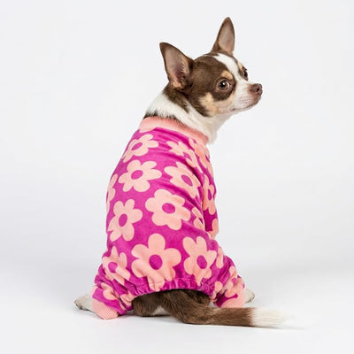 Fitwarm Flower Fleece Dog Pajamas, Warm Winter Dog Clothes for Small Dogs Girl, Cozy Pet Onesie with Feet, Pink, XL