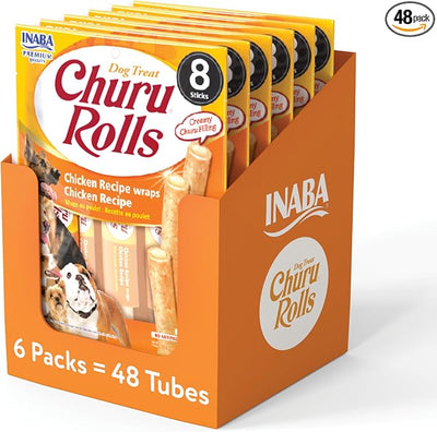 INABA Churu Rolls for Dogs, Soft & Chewy Baked Chicken Wrapped Filled Dog Treats, 0.42 Ounces Each Tube, 48 Tubes Total, Chicken Recipe