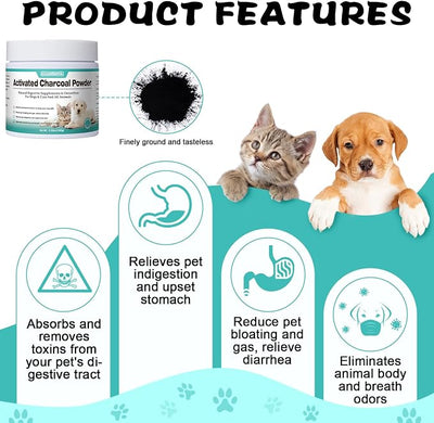Activated Charcoal for Dogs, Cats, and All Pets, Charcoal for Dogs Poisoning, Digestive Upset and Gas Relief, Liver Support, Non-GMO, Gluten Free,3.53oz(Powder)