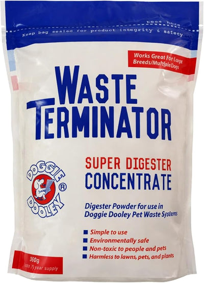 Doggie Dooley Waste Terminator Powder - 360 Gram - Pet Digester Concentrate for In-Ground Disposal Unit - Breaks Down Waste and Odors - Resealable Pouch - 1 Year Supply for All Dog Sizes - Brown