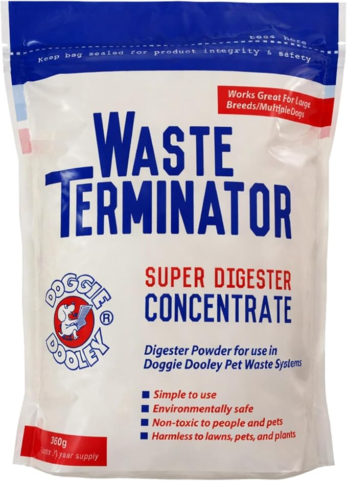 Doggie Dooley Waste Terminator Powder - 360 Gram - Pet Digester Concentrate for In-Ground Disposal Unit - Breaks Down Waste and Odors - Resealable Pouch - 1 Year Supply for All Dog Sizes - Brown