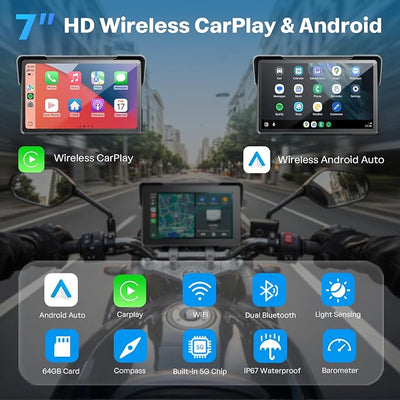 WonVon Motorcycle CarPlay Screen with Android Auto – 7” Waterproof GPS, Pantalla para Moto, Apple CarPlay, Navigation System for Motorcycle, Dual 2K Dash Cam Bluetooth Audio,64GB&TPMS with Magnetic