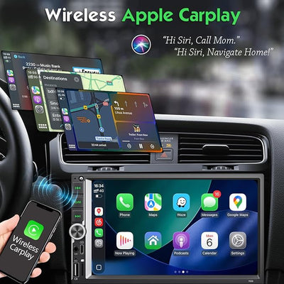 7 Inch Car Stereo with Wireless Apple CarPlay & Android Auto, Wireless AirPlay Mirror Link, Double Din Radio with 1024*600 IPS Toucscreen, AM/FM RDS, Bluetooth, Type-C/USB/TF/AUX, 12-LED Backup Camera