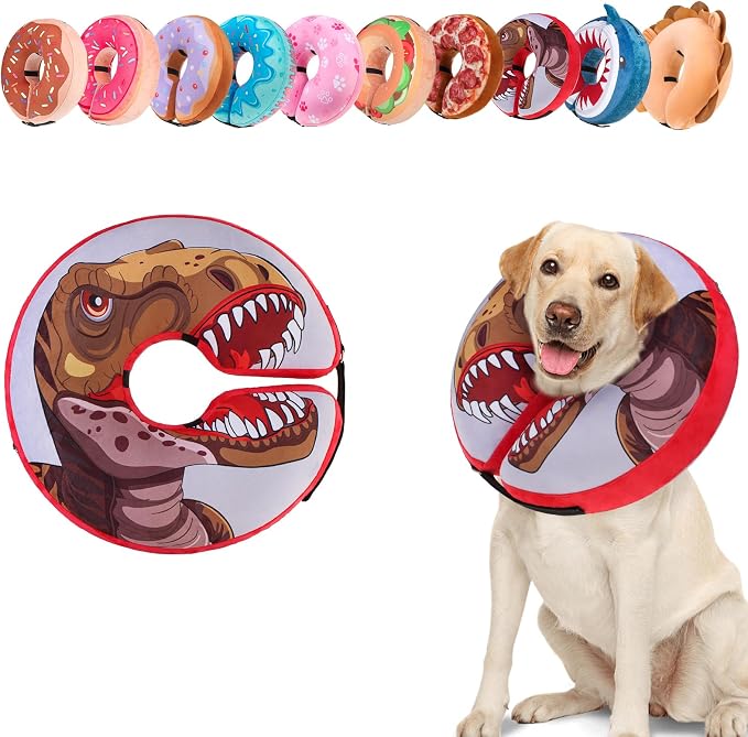 BEAUTYZOO Dog Cone Alternative After Surgery for Large Medium Small Dogs, Soft Inflatable Cone Collar for Dogs Cats, Pet Neck Donut E Collar Dog Recovery Collars to Stop Licking, Dinosaur, L