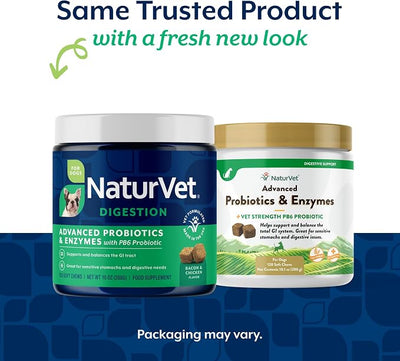 NaturVet Advanced Probiotics & Enzymes, PB6 Dog Soft Chews to Help Sensitive Stomachs and Digestive Issues, Hickory Smoked Bacon Flavored Pet Supplement for Dogs Over 6 Weeks, 120 Count Jar