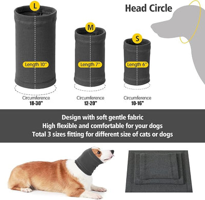 Dog Head Wrap - No Shake Quiet Ears for Dogs Anxiety Relief, Original Ear Covers Pet Calming Hoodie for Thunder, Lightning, Fireworks, Vet Visits, Grooming, High Stretch Ribbed Fabric, Grey M