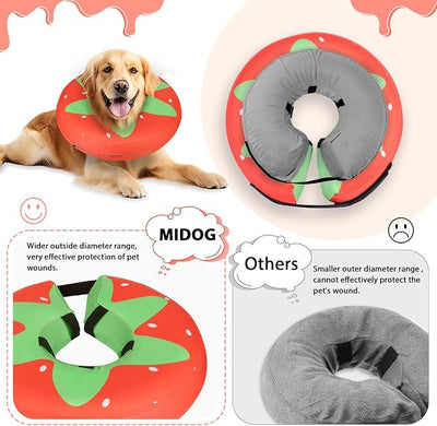 MIDOG Soft Inflatable Dog Cone,Donut E-Collar Alternative for After Surgery, Prevents Licking,Allowing Normal Eating & Vision,Comfortable Recovery Collar for Small Medium Large Dogs&Cats,Strawberry-M+