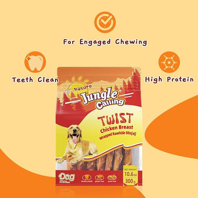 Jungle Calling Dog Treats, Chicken Wrapped Rawhide Chew Sticks, High Protein, Low Fat Dental Chews for Teeth Cleaning & Training Rewards, 10.6 oz