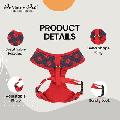 Parisian Pet Red Plaid Dog Harness - Breathable No Pull Puppy Harness with Leash Ring - Adjustable Harnesses for Dogs - Soft Padded Step-in Pet Vest - Lightweight Dog Vests for Small Sized Dogs