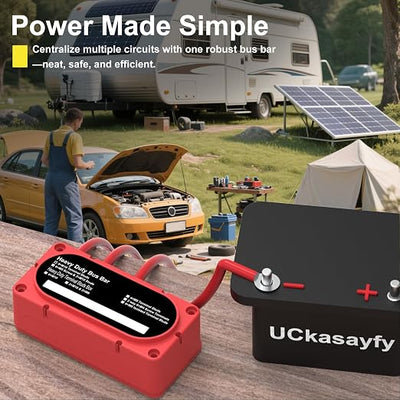 Heavy Duty Bus Bar 300A 12V Power Distribution Block with 3/8" (M10) 4-Posts Terminals Block with Cover for Automotive, Marine, Battery System(Black & Red)