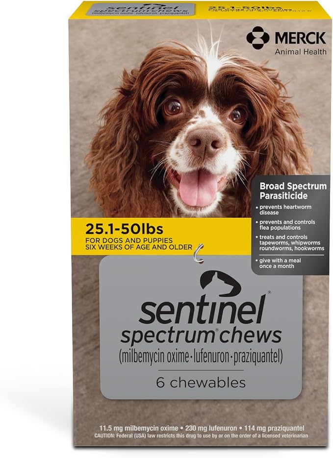 SENTINEL SPECTRUM Chews for Dogs, 25.1-50 lbs, 6 Chews, 6-Month Supply, Yellow Box