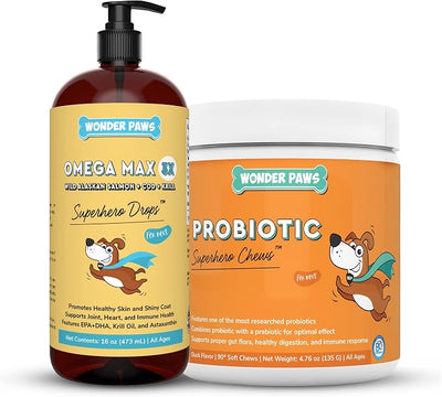 WONDER PAWS Omega Max Fish Oil Plus Probiotic Chews - for Dog Joint Health, Skin Moisture, Gut Health & Daily Wellness - Omega Max 16 Ounces - Probiotic 90 Chews