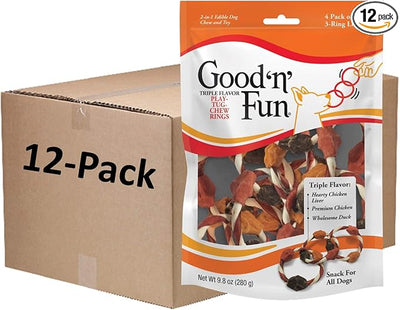 Good'n'Fun Good ’n’ Fun Triple Flavor Play-Tug-Chew Rings 4 Count, Snack for All Dogs (1 case of 12 Individual Packs)