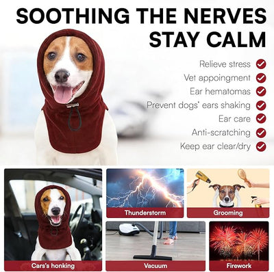 Dog Calming Hoodie Pet Ear Cover, Adjustable Headband for Small Medium Large Dogs, Pet Muffs Head Wraps for Grooming Firework Thunderstorms, Burgundy XL