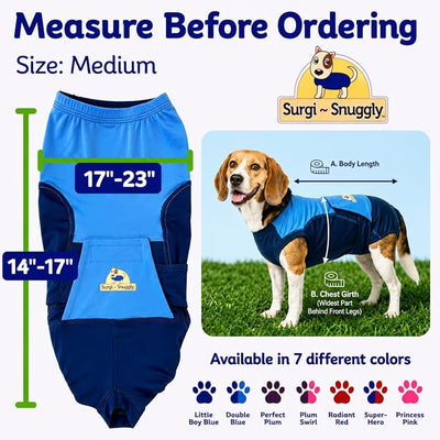 Surgi Snuggly Dog Surgery Recovery Suit - Dog Onesie for Post Surgery Recovery, Female Spay & Male Neuter - Surgical Suit for Dogs, E-Collar Cone Alternative, Double Blue - Medium - 14" - 17" (EC)