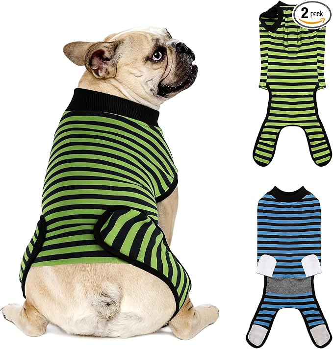 2 Packs Breathable Cotton Dog Recovery Suit for After Neuter Spay Abdominal Wounds Protector, Professional Anti-Licking Onesies for Male Female Pets Surgery Bandages, M Blue & Green Stripes