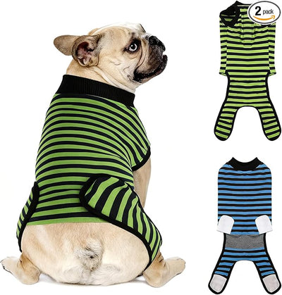 Dog Recovery Suit, 2 Packs, Breathable Cotton, Abdominal Wounds Protection, Anti-Licking Onesies for Male Female Pets, Surgery Bandages, Size S, Blue & Green Stripes