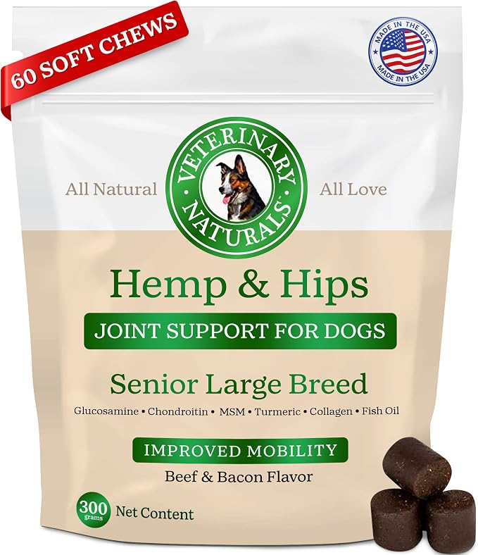 Veterinary Naturals Hemp & Hips Senior Large Breed Dog Joint Chews - 60ct | Vet-formulated joint support soft chews built specifically for aging large breed dogs.