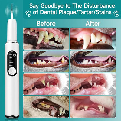 Dog Teeth Cleaning Kit Dog Plaque and Tartar Remover with LED Light 5 Adjustable Modes Electric Toothbrush Pet Teeth Cleaner for Dogs and Cats (White and Blue Finger Cots)