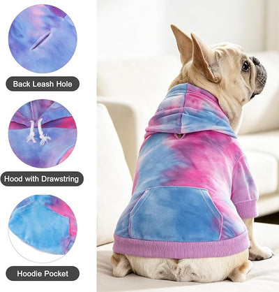PAWCHIE Dog Hoodie for Small Dogs,Tie Dye Dog Cloth with Leash Hole,Puppy Sweatshirt, Pet Outfit, Cat Apparel, Pink Blue SM