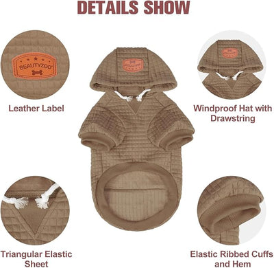 BEAUTYZOO Small Dog Hoodie Sweater with Pockets, Dog Clothes for Small Medium Dogs Boy Girl, Waffle-Like Laminated Cotton Pet Coats with Hat and Leash Hole, Khaki S