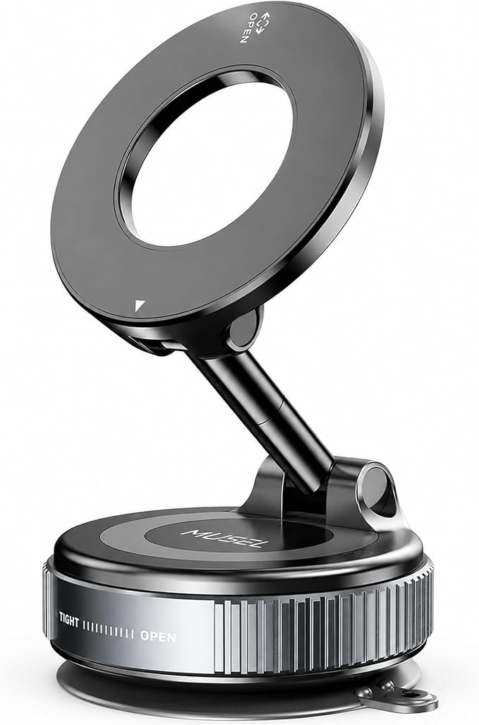 MUSEL Magnetic Car Phone Holder for MagSafe, Vacuum Mount for iPhone 17-12 | 88 lb suction hold, 2600 gf magnetic force, 22 N55 magnets, 360 degree rotation, bottom plate and ring included, dash mount