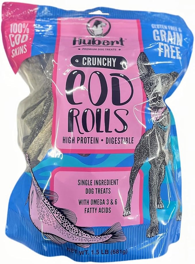Hubert Pet Cod Skin Rolls, Single Ingredient Fish Skin Dog Treats, 1.5 lbs