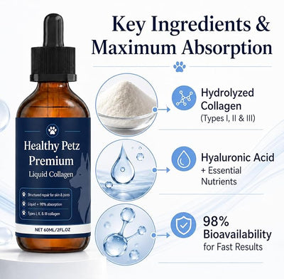 Healthy Petz Premium Liquid Collagen for Dogs Collagen Drops for Dogs with Hyaluronic Acid & Vitamin C, Daily Skin & Joint Wellness Support, Easy-to-Serve Liquid Formula, 2 fl oz / 60 mL