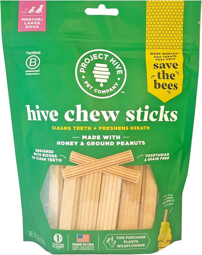 Hive Chew Sticks - Dental Treats for Dogs - Vegetarian, Made with Ground Peanuts & Honey, No Grain or Soy, Cleans Teeth & Freshens Breath (12 oz, Hive Chew Sticks for Large Dogs)