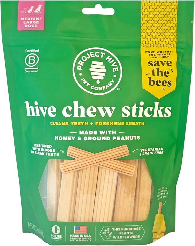 Hive Chew Sticks - Dental Treats for Dogs - Vegetarian, Made with Ground Peanuts & Honey, No Grain or Soy, Cleans Teeth & Freshens Breath (12 oz, Hive Chew Sticks for Large Dogs)
