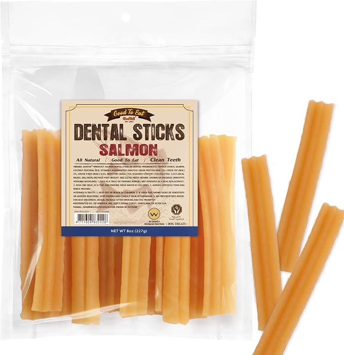 Gootoe Dental Sticks for Dogs, Salmon Dental Treats, Teeth Cleaning Chews for Fresh Breath, Helps Remove Tartar, Omega-3 for Skin and Coat Support, W-Shaped, 8oz