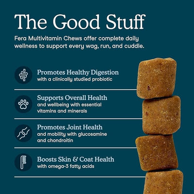 Fera Pets Dog Multivitamin Chews with Glucosamine and Probiotics - Essential Dog Vitamins & Minerals - Promotes Healthy Digestion & Joints - Boosts Skin & Coat Health with Omega-3s - 10 Soft Chews
