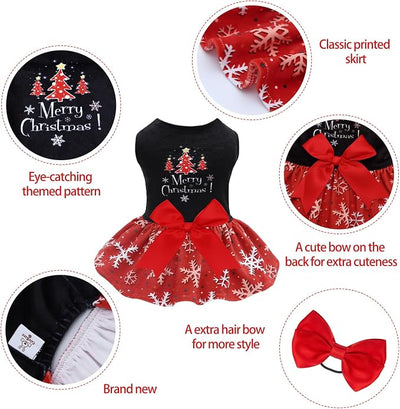 CuteBone Christmas Dog Dresses Velvet Holiday Small Dogs Clothes Onesie Pet Apparel Girl Puppy Skirt with Bow Hair Rope