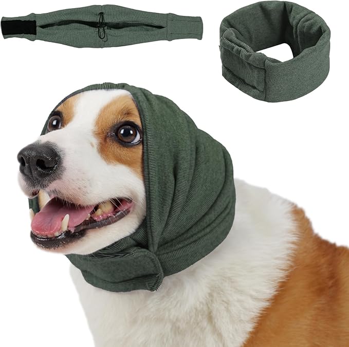 Dog Calming Hoodie, No Shake Ear Wraps for Dogs, Adjustable Dog Ear Muffs for Noise Protection, Ear Wrap Head Cover for Anxiety Relief & Hematoma (Olive Green, M(Head Circle:13.8"-18.9"))