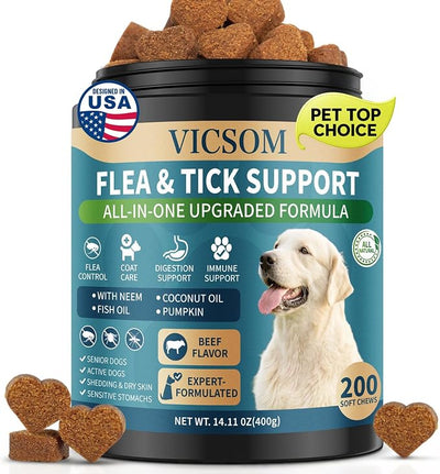 Flea and Tick Prevention for Dogs Chewable, 200 Soft Treats Natural Oral Dog Flea and Tick Treatment Chews Support Dog Skin & Digestive Supplement for Dogs Puppies All Breeds & Ages, Beef Flavor